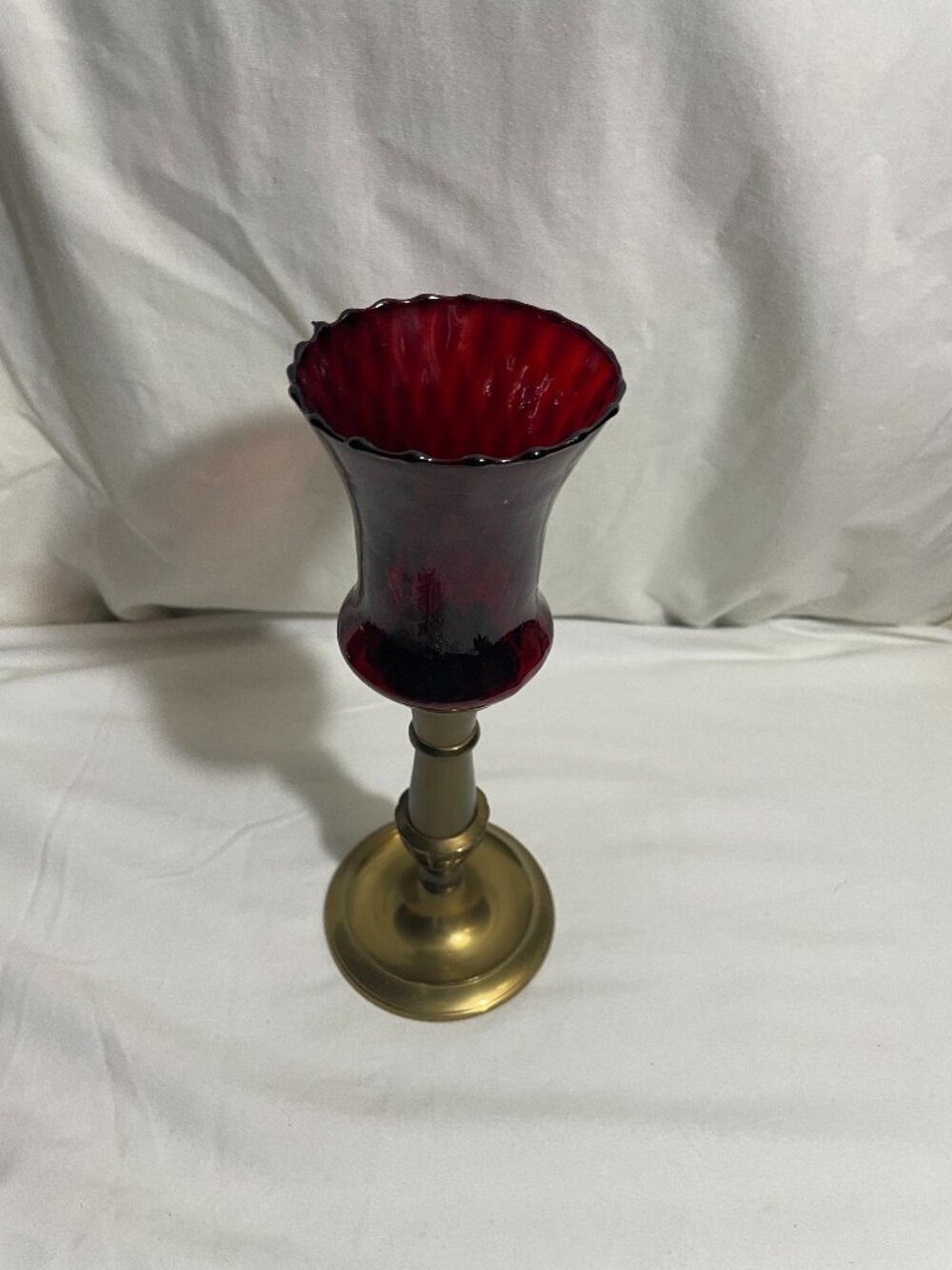 Vintage Ruby Red Glass Hurricane Candle Holder Brass Pedestal Base 10.5”